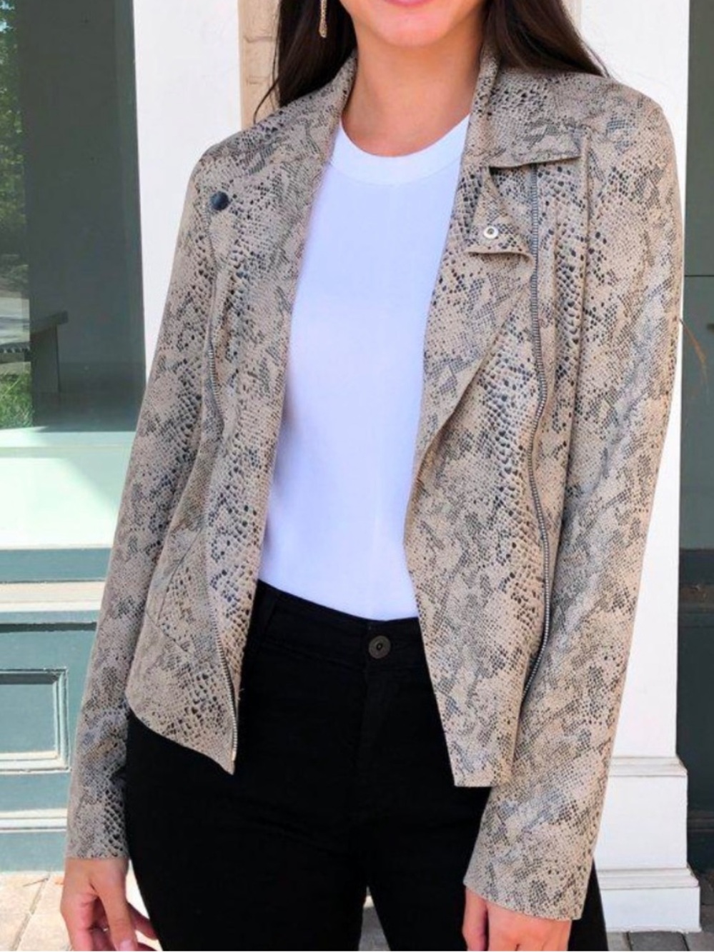 Level 99 Beige Snake-Print Moto Jacket